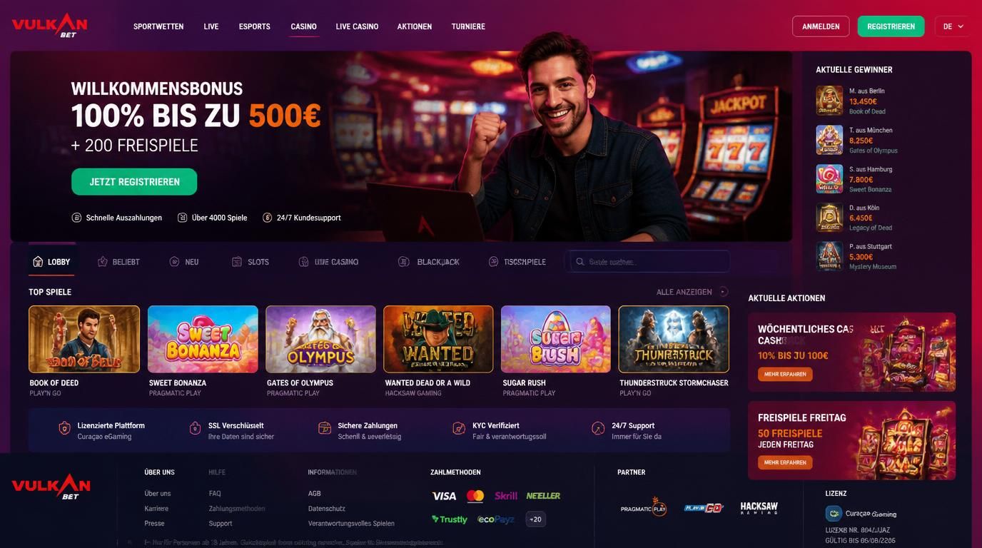 Ein Interface einer Casino-Webseite mit Lizenzinformationen, Sicherheitssymbolen und vertrauenerweckenden Elementen