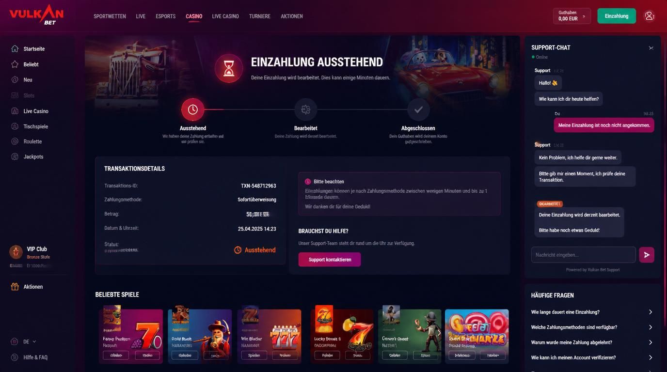 Fehlerhafte Einzahlung visualisiert mit Wartestatus und Supportdialog